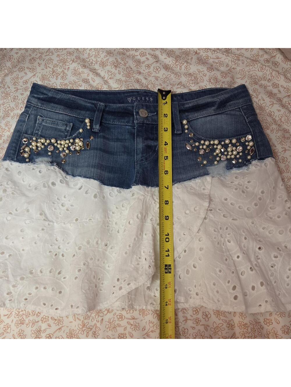 Beaded Denim Mini Skirt with Lace Hem Size 25 Y2K Boho Fairy Pearl Rhinestone - Picture 7 of 8